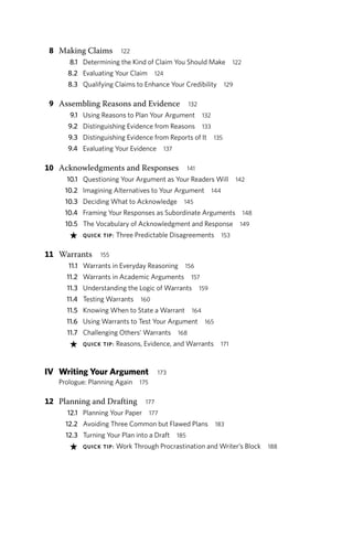 8 Making Claims 122
8.1 Determining the Kind of Claim You Should Make 122
8.2 Evaluating Your Claim 124
8.3 Qualifying Claims to Enhance Your Credibility 129
9 Assembling Reasons and Evidence 132
9.1 Using Reasons to Plan Your Argument 132
9.2 Distinguishing Evidence from Reasons 133
9.3 Distinguishing Evidence from Reports of It 135
9.4 Evaluating Your Evidence 137
10 Acknowledgments and Responses 141
10.1 Questioning Your Argument as Your Readers Will 142
10.2 Imagining Alternatives to Your Argument 144
10.3 Deciding What to Acknowledge 145
10.4 Framing Your Responses as Subordinate Arguments 148
10.5 The Vocabulary of Acknowledgment and Response 149
★ QUICK TIP: Three Predictable Disagreements 153
11 Warrants 155
11.1 Warrants in Everyday Reasoning 156
11.2 Warrants in Academic Arguments 157
11.3 Understanding the Logic of Warrants 159
11.4 Testing Warrants 160
11.5 Knowing When to State a Warrant 164
11.6 Using Warrants to Test Your Argument 165
11.7 Challenging Others’ Warrants 168
★ QUICK TIP: Reasons, Evidence, and Warrants 171
IV Writing Your Argument 173
Prologue: Planning Again 175
12 Planning and Drafting 177
12.1 Planning Your Paper 177
12.2 Avoiding Three Common but Flawed Plans 183
12.3 Turning Your Plan into a Draft 185
★ QUICK TIP: Work Through Procrastination and Writer’s Block 188
 