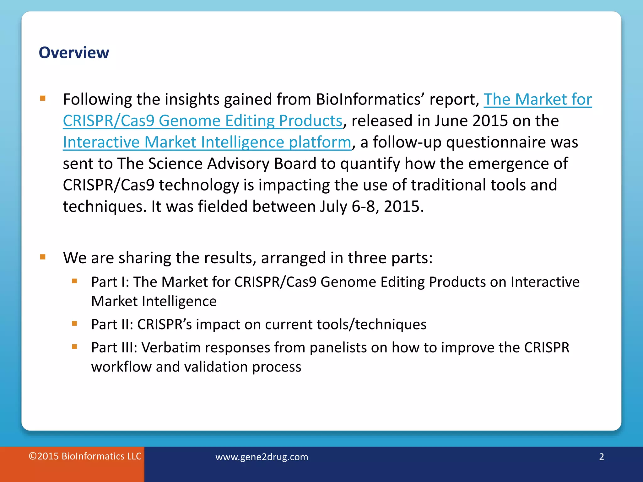 ©2015 BioInformatics LLC www.gene2drug.com 2
Overview
 Following the insights gained from BioInformatics’ report, The Market for
CRISPR/Cas9 Genome Editing Products, released in June 2015 on the
Interactive Market Intelligence platform, a follow-up questionnaire was
sent to The Science Advisory Board to quantify how the emergence of
CRISPR/Cas9 technology is impacting the use of traditional tools and
techniques. It was fielded between July 6-8, 2015.
 We are sharing the results, arranged in three parts:
 Part I: The Market for CRISPR/Cas9 Genome Editing Products on Interactive
Market Intelligence
 Part II: CRISPR’s impact on current tools/techniques
 Part III: Verbatim responses from panelists on how to improve the CRISPR
workflow and validation process
©2015 BioInformatics LLC www.gene2drug.com 2
 