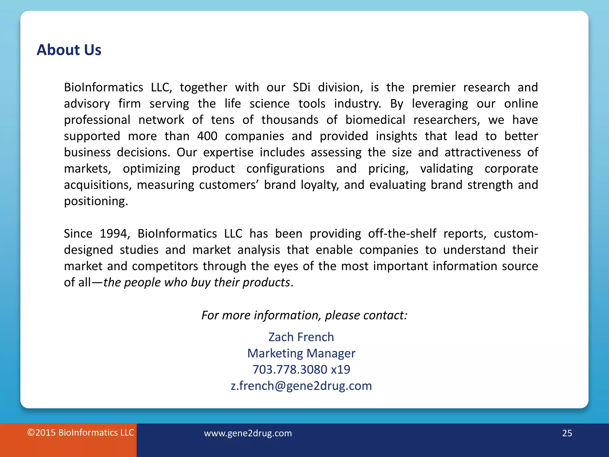 ©2015 BioInformatics LLC www.gene2drug.com 25
About Us
©2015 BioInformatics LLC www.gene2drug.com 25
BioInformatics LLC, together with our SDi division, is the premier research and
advisory firm serving the life science tools industry. By leveraging our online
professional network of tens of thousands of biomedical researchers, we have
supported more than 400 companies and provided insights that lead to better
business decisions. Our expertise includes assessing the size and attractiveness of
markets, optimizing product configurations and pricing, validating corporate
acquisitions, measuring customers’ brand loyalty, and evaluating brand strength and
positioning.
Since 1994, BioInformatics LLC has been providing off-the-shelf reports, custom-
designed studies and market analysis that enable companies to understand their
market and competitors through the eyes of the most important information source
of all—the people who buy their products.
Zach French
Marketing Manager
703.778.3080 x19
z.french@gene2drug.com
For more information, please contact:
 