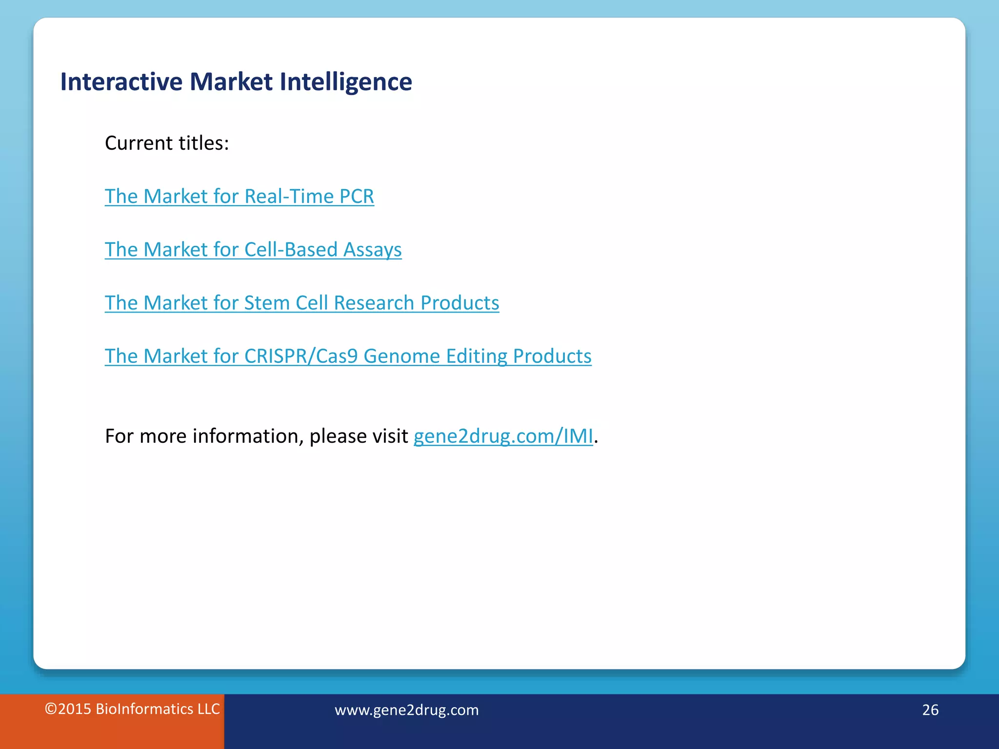 ©2015 BioInformatics LLC www.gene2drug.com 26
Interactive Market Intelligence
©2015 BioInformatics LLC www.gene2drug.com 26
Current titles:
The Market for Real-Time PCR
The Market for Cell-Based Assays
The Market for Stem Cell Research Products
The Market for CRISPR/Cas9 Genome Editing Products
For more information, please visit gene2drug.com/IMI.
 