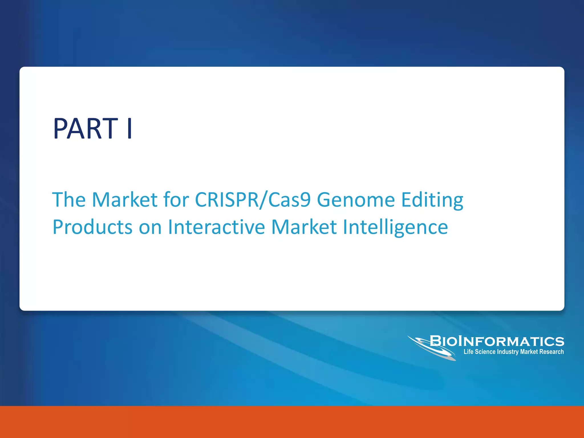 ©2015 BioInformatics LLC www.gene2drug.com 3
PART I
The Market for CRISPR/Cas9 Genome Editing
Products on Interactive Market Intelligence
 