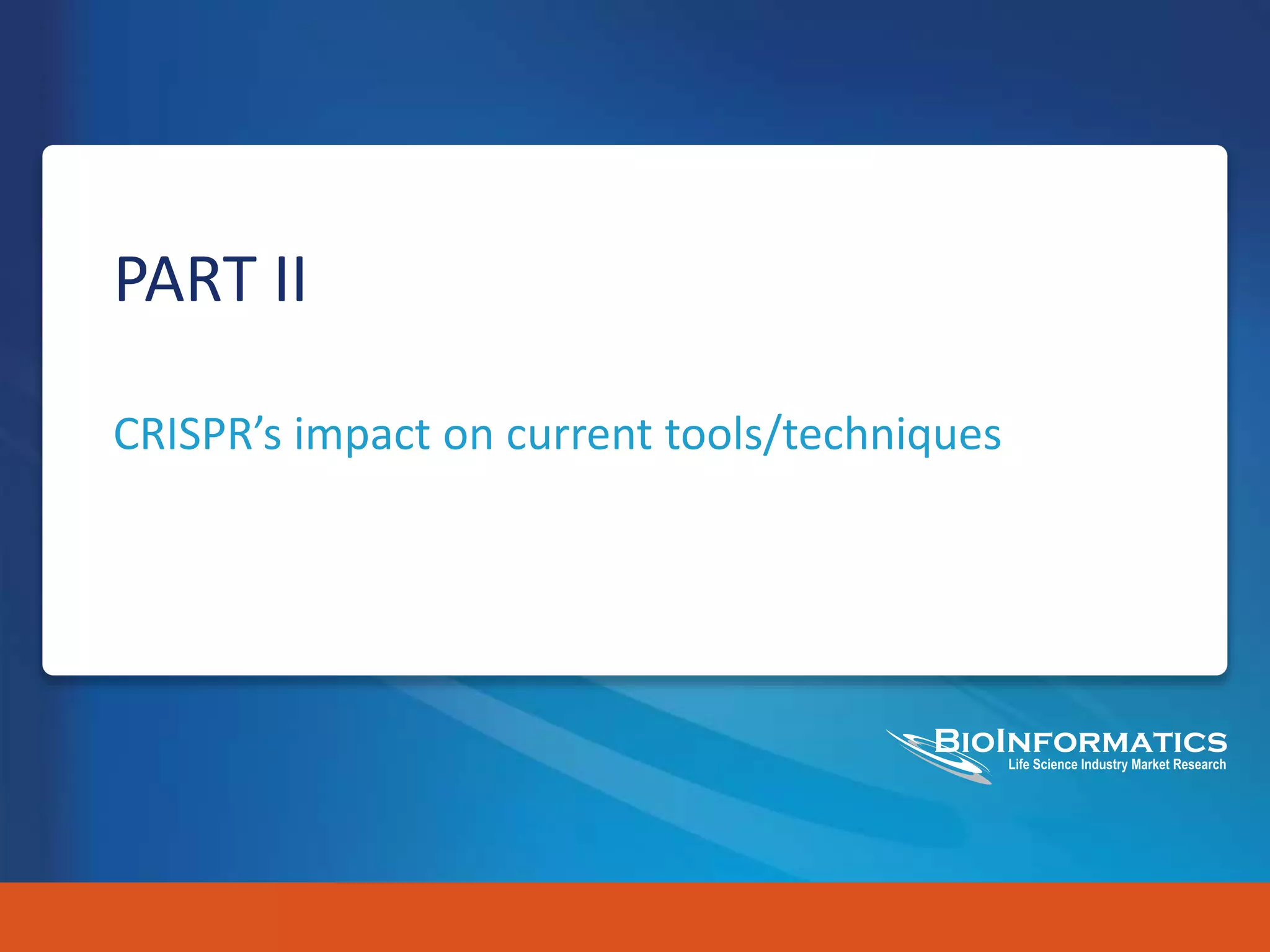 ©2015 BioInformatics LLC www.gene2drug.com 5
PART II
CRISPR’s impact on current tools/techniques
 