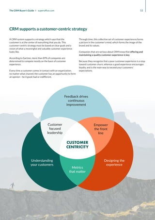 11
The CRM Buyer’s Guide I superoffice.com
A CRM system supports a strategy which says that the
customer is at the center of everything that you do. This
customer-centric strategy must be based on clear goals and a
vision of what a meaningful and valuable customer experience
looks like.
According to Gartner, more than 89% of companies are
determined to compete mostly on the basis of customer
experience.
Every time a customer comes in contact with an organization,
no matter what channel, the customer has an opportunity to form
an opinion – be it good, bad or indifferent.
Through time, this collective set of customer experiences forms
a picture in the customer’s mind, which forms the image of the
brand and its values.
Companies that are serious about CRM know that offering and
maintaining a quality customer experience is key.
Because they recognize that a poor customer experience is a step
toward customer churn, whereas a good experience encourages
loyalty, and is the main way to exceed your customers’
expectations.
CRM supports a customer-centric strategy
 