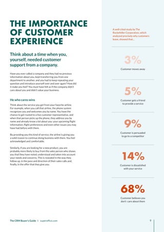 3%
5%
9%
14%
68%
Customer believes you 
don’t care about them
Customer is dissatisfied
with your service
Customer is persuaded
to go to a competitor
Customer gets a friend
to provide a service
A well-cited study by The
Rockefeller Corporation, which
analyzed precisely why customers
leave, showed that…
Customer moves away
The CRM Buyer’s Guide I superoffice.com 9
Have you ever called a company and they had no previous
information about you, kept transferring you from one
department to another, and you had to keep repeating your
question and introduce yourself over and over again? How did
it make you feel? You must have felt as if the company didn’t
care about you and didn’t value your business.
He who cares wins
Think about the service you get from your favorite airline.
For example, when you call that airline, the phone system
recognizes you and welcomes you by name. You have the
chance to get routed to a live customer representative, and
when that person picks up the phone, they address you by
name and already know a lot about you: your upcoming flight
information, flight preferences and even other issues you may
have had before with them.
By providing you this kind of service, the airline is giving you
a solid reason to continue doing business with them. You feel
acknowledged and comfortable.
Similarly, if you are looking for a new product, you are
probably more likely to buy from the sales person who shows
you that they have noted, understood and taken into account
your needs and concerns. This is revealed in the way they
follow up, in the pace and direction of their sales calls and,
finally, in the offer that they give you.
Think about a time when you,
yourself, needed customer
support from a company.
THE IMPORTANCE
OF CUSTOMER
EXPERIENCE
 