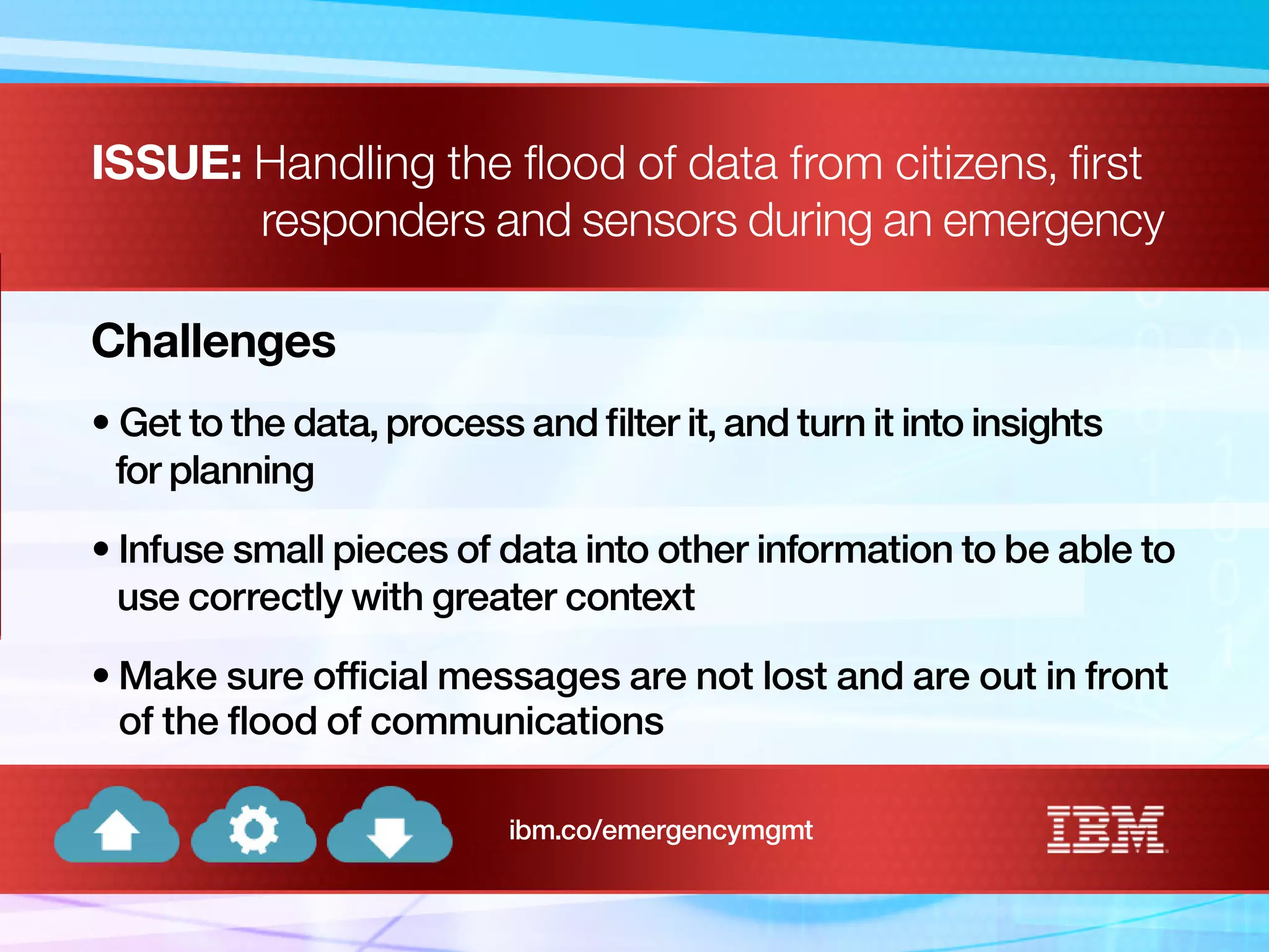ISSUE: Handling the flood of data from citizens, first
responders and sensors during an emergency
Challenges
• Get to the data, process and filter it, and turn it into insights
for planning
• Infuse small pieces of data into other information to be able to
use correctly with greater context
• Make sure official messages are not lost and are out in front
of the flood of communications
ibm.co/emergencymgmt
 