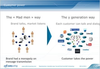 Customer power



 The « Mad men » way                                                       The y generation way
    Brand talks, market listens                                  Each customer can talk and dialog




 Brand had a monopoly on                                                   Customer takes the power
 message transmission
             www.softcomputing.com   Reproduction interdite sans l’accord écrit de Soft Computing   18/12/2012   18
 