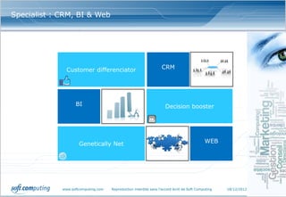 Specialist : CRM, BI & Web




               Customer differenciator                            CRM




                   BI                                                Decision booster




                     Genetically Net                                                        WEB




             www.softcomputing.com   Reproduction interdite sans l’accord écrit de Soft Computing   18/12/2012   4
 