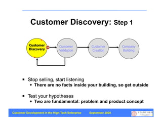 Customer Discovery: Step 1

           Customer             Customer            Customer        Company
           Discovery            Validation          Creation         Building




          Stop selling, start listening
               There are no facts inside your building, so get outside

          Test your hypotheses
               Two are fundamental: problem and product concept

Customer Development in the High-Tech Enterprise   September 2008
                                                                                15
 