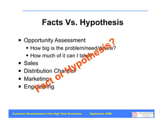 Facts Vs. Hypothesis

        Opportunity Assessment
                                          s?
    

                                        i
                                     es
         How big is the problem/need/desire?

                                  th
          How much of it can I take?
         

                                 o
                            yp
       Sales
    
                       r  H
        Distribution Channel
        Marketing o
                  ct
    


              Fa
        Engineering
    




Customer Development in the High-Tech Enterprise   September 2008
                                                                    20
 