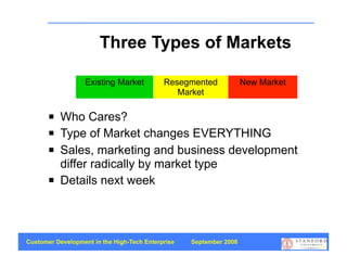 Three Types of Markets

                   Existing Market          Resegmented             New Market
                                               Market

          Who Cares?
          Type of Market changes EVERYTHING
          Sales, marketing and business development
           differ radically by market type
          Details next week



Customer Development in the High-Tech Enterprise   September 2008
                                                                                 47
 