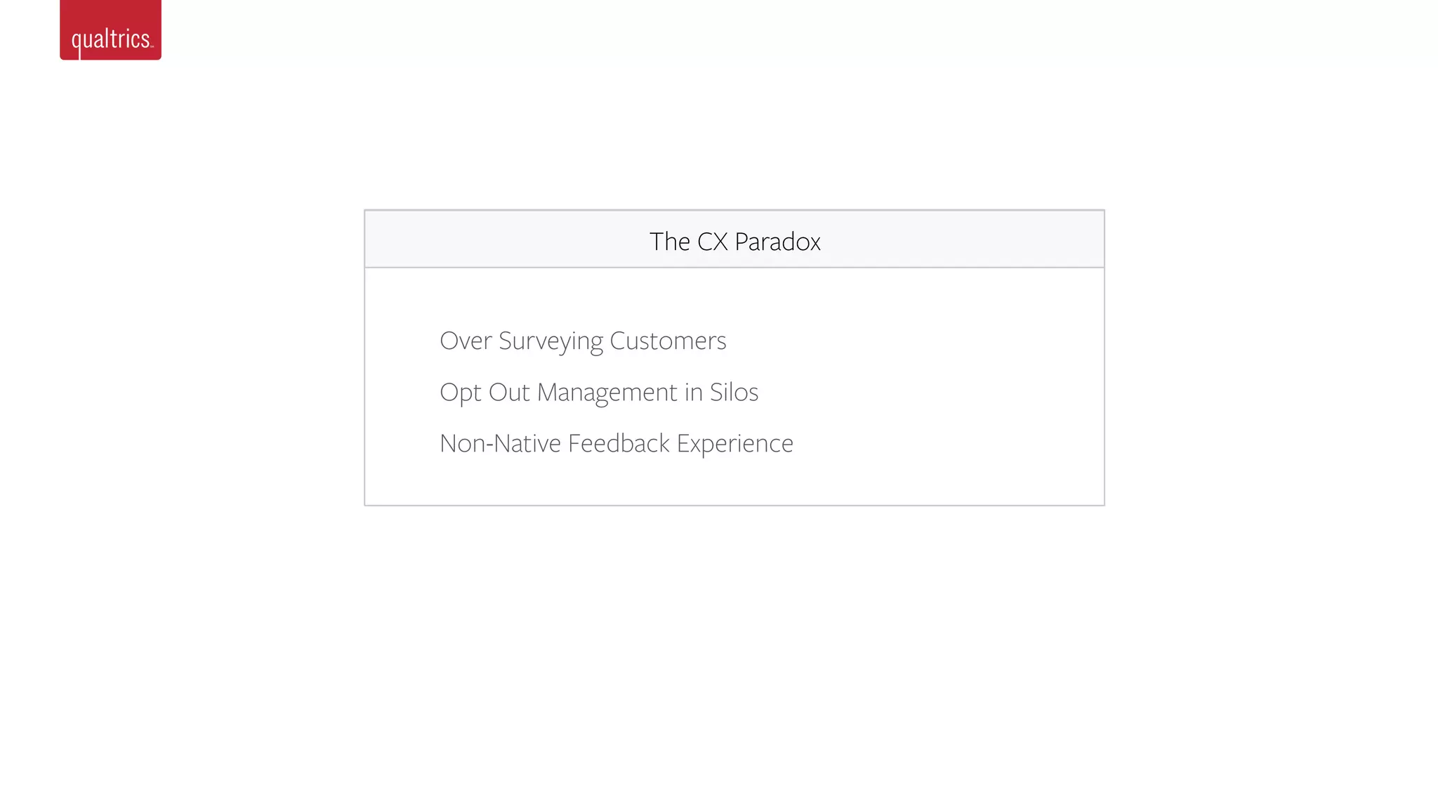 The CX Paradox
Over Surveying Customers
Opt Out Management in Silos
Non-Native Feedback Experience
 