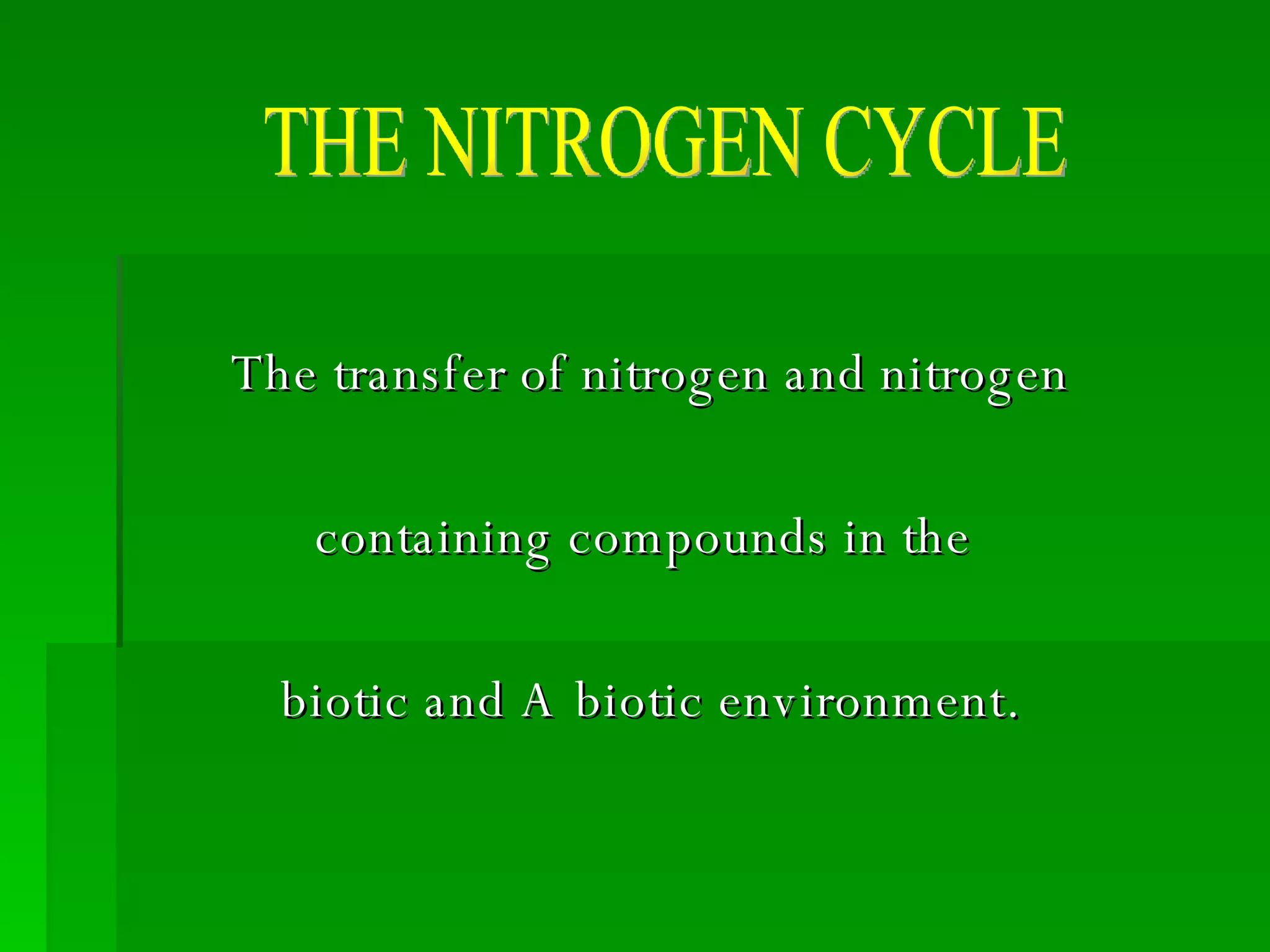 The transfer of nitrogen and nitrogen containing compounds in the  biotic and A biotic environment. THE NITROGEN CYCLE 