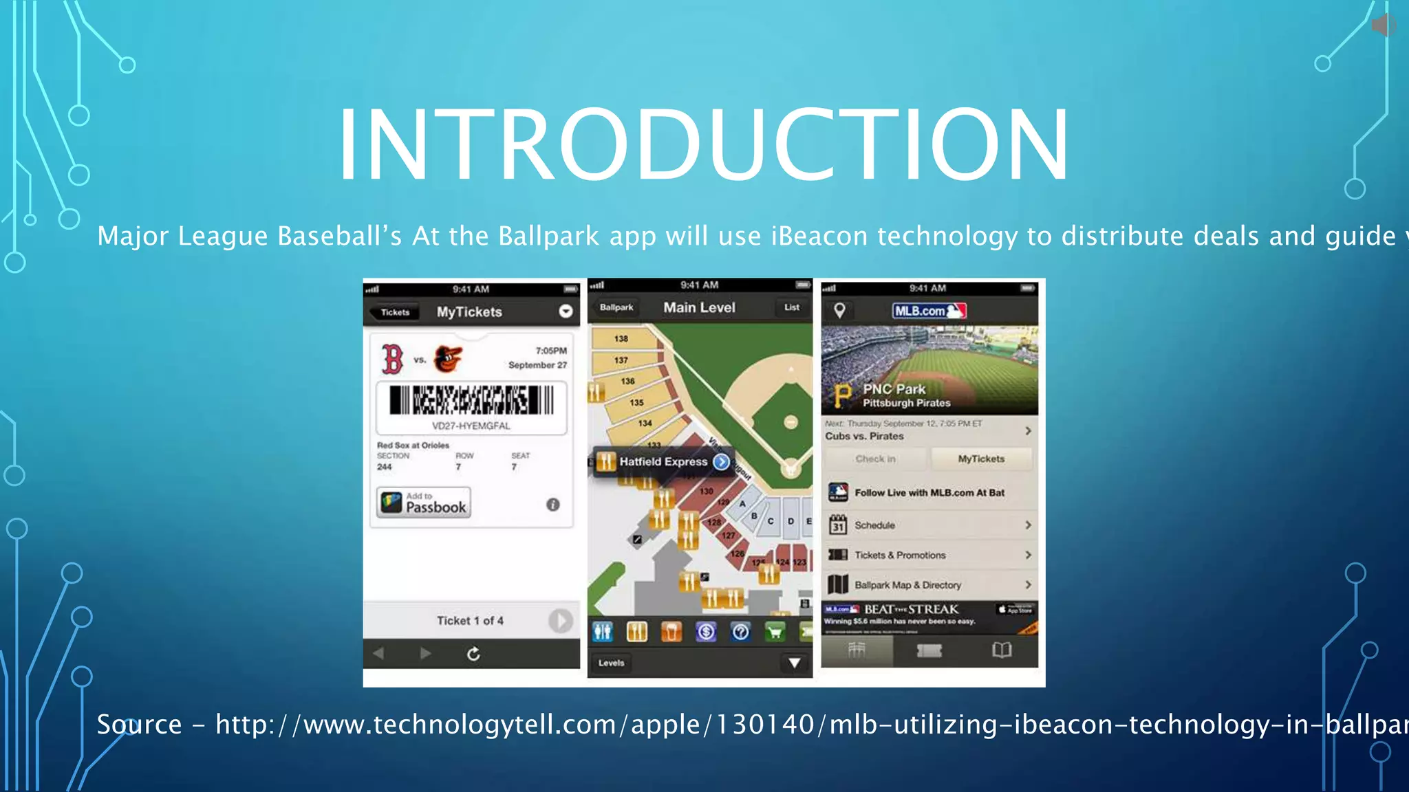 INTRODUCTION
Major League Baseball’s At the Ballpark app will use iBeacon technology to distribute deals and guide y
Source - http://www.technologytell.com/apple/130140/mlb-utilizing-ibeacon-technology-in-ballpar
 