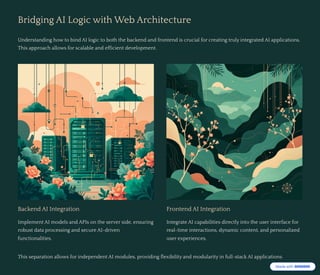 Bridging AI Logic with Web Architecture
Understanding how to bind AI logic to both the backend and frontend is crucial for creating truly integrated AI applications.
This approach allows for scalable and efficient development.
Backend AI Integration
Implement AI models and APIs on the server side, ensuring
robust data processing and secure AI-driven
functionalities.
Frontend AI Integration
Integrate AI capabilities directly into the user interface for
real-time interactions, dynamic content, and personalized
user experiences.
This separation allows for independent AI modules, providing flexibility and modularity in full-stack AI applications.
 