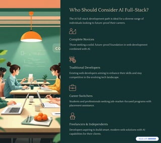 Who Should Consider AI Full-Stack?
The AI full-stack development path is ideal for a diverse range of
individuals looking to future-proof their careers.
Complete Novices
Those seeking a solid, future-proof foundation in web development
combined with AI.
Traditional Developers
Existing web developers aiming to enhance their skills and stay
competitive in the evolving tech landscape.
Career Switchers
Students and professionals seeking job-market-focused programs with
placement assistance.
Freelancers & Independents
Developers aspiring to build smart, modern web solutions with AI
capabilities for their clients.
 