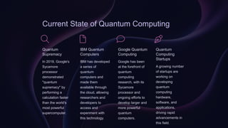 Current State of Quantum Computing
Quantum
Supremacy
In 2019, Google's
Sycamore
processor
demonstrated
"quantum
supremacy" by
performing a
calculation faster
than the world's
most powerful
supercomputer.
IBM Quantum
Computers
IBM has developed
a series of
quantum
computers and
made them
available through
the cloud, allowing
researchers and
developers to
access and
experiment with
this technology.
Google Quantum
Computing
Google has been
at the forefront of
quantum
computing
research, with its
Sycamore
processor and
ongoing efforts to
develop larger and
more powerful
quantum
computers.
Quantum
Computing
Startups
A growing number
of startups are
working on
developing
quantum
computing
hardware,
software, and
applications,
driving rapid
advancements in
this field.
 