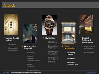 Agenda Luxury Goods Industry Overview Geographic Perspective Why acquire Bulgari? Rationale Product Segments: Projected growth Bulgari: Valuation Valuation Drivers Synergies BCG Matrix Comparative Analysis Post-Merger Projections Strategic Fit – Value Chain Match-up  Final Acquisition Financing Options Final Price Rationale: Premium paid Current Outlook & Alternatives Right year for Acquisition? Alternatives 