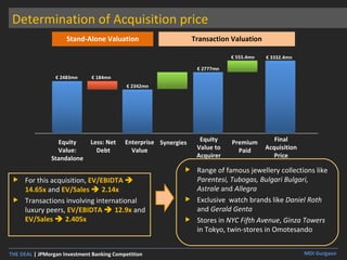 Determination of Acquisition price For this acquisition,   EV/EBIDTA    14.65x   and   EV/Sales    2.14x Transactions involving international luxury peers,  EV/EBIDTA    12.9x   and   EV/Sales    2.405x Range of famous jewellery collections  like  Parentesi, Tubogas, Bulgari Bulgari, Astrale  and  Allegra Exclusive  watch brands like  Daniel Roth  and  Gerald Genta Stores in  NYC Fifth Avenue ,  Ginza Towers  in Tokyo, twin-stores in Omotesando Final Acquisition Price Equity Value to Acquirer Equity Value: Standalone €  3332.4mn €  555.4mn €  2777mn €  2342mn €  184mn €  2483mn Premium Paid Less: Net Debt Enterprise Value Synergies Stand-Alone Valuation Transaction Valuation 