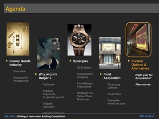 Agenda Luxury Goods Industry Overview Geographic Perspective Why acquire Bulgari? Rationale Product Segments: Projected growth Bulgari: Valuation Valuation Drivers Synergies BCG Matrix Comparative Analysis Post-Merger Projections Strategic Fit – Value Chain Match-up  Final Acquisition Financing Options Final Price Rationale: Premium paid Current Outlook & Alternatives Right year for Acquisition? Alternatives 