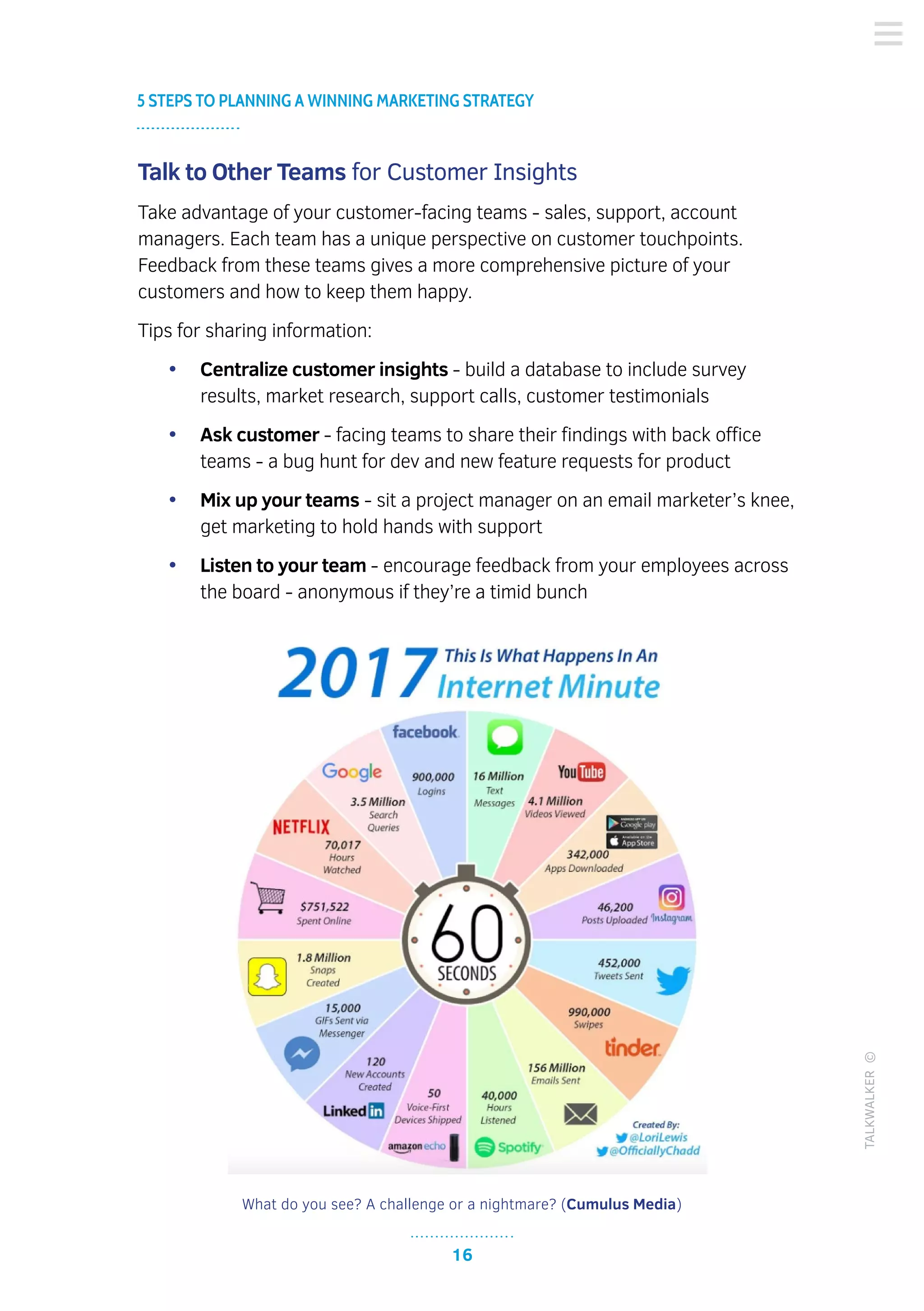 16
5 STEPS TO PLANNING A WINNING MARKETING STRATEGY
TALKWALKER©
Talk to Other Teams for Customer Insights
Take advantage of your customer-facing teams - sales, support, account
managers. Each team has a unique perspective on customer touchpoints.
Feedback from these teams gives a more comprehensive picture of your
customers and how to keep them happy.
Tips for sharing information:
•	 Centralize customer insights - build a database to include survey
results, market research, support calls, customer testimonials
•	 Ask customer - facing teams to share their findings with back office
teams - a bug hunt for dev and new feature requests for product
•	 Mix up your teams - sit a project manager on an email marketer’s knee,
get marketing to hold hands with support
•	 Listen to your team - encourage feedback from your employees across
the board - anonymous if they’re a timid bunch
What do you see? A challenge or a nightmare? (Cumulus Media)
 