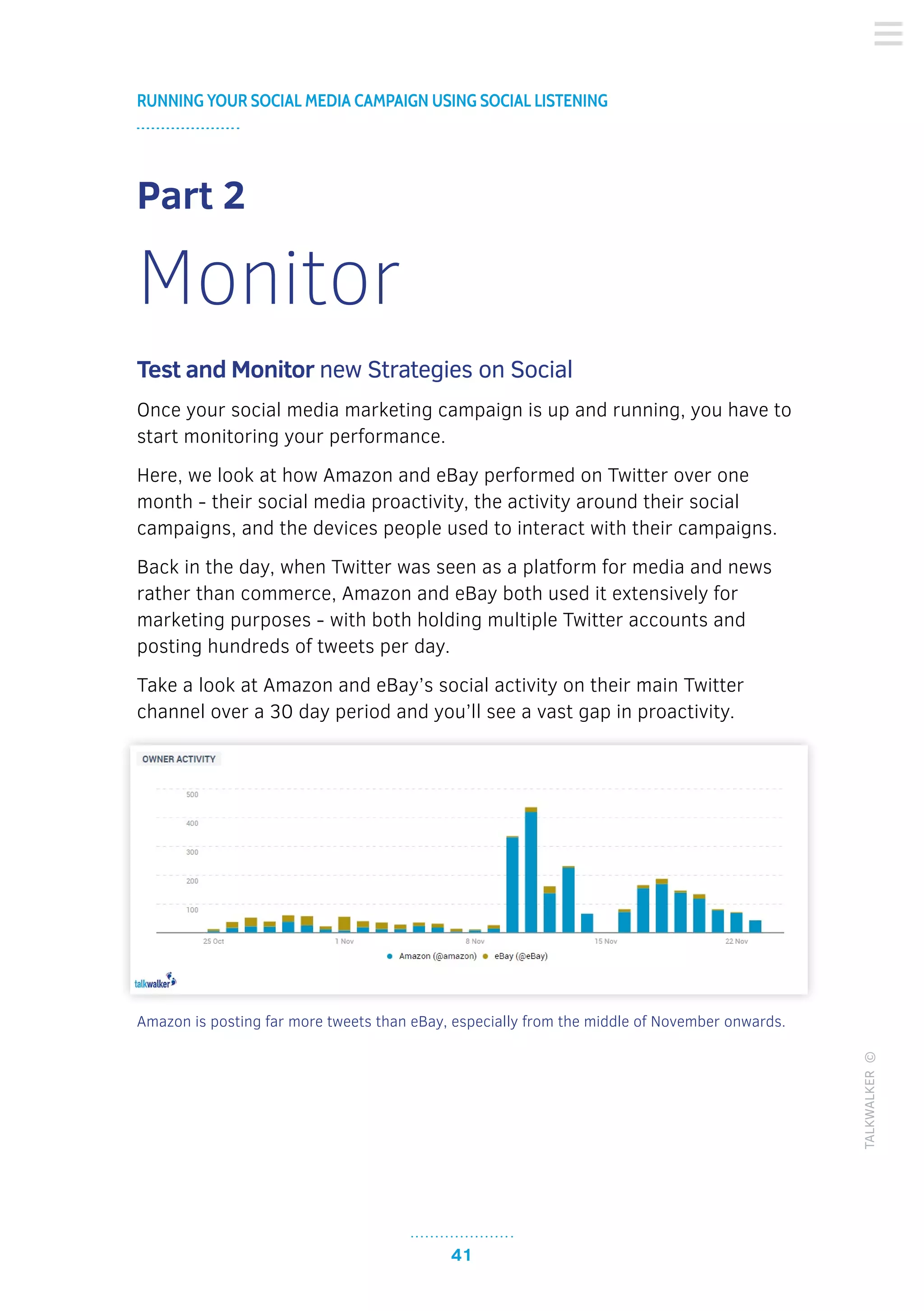 41
RUNNING YOUR SOCIAL MEDIA CAMPAIGN USING SOCIAL LISTENING
TALKWALKER©
Part 2
Monitor
Test and Monitor new Strategies on Social
Once your social media marketing campaign is up and running, you have to
start monitoring your performance.
Here, we look at how Amazon and eBay performed on Twitter over one
month - their social media proactivity, the activity around their social
campaigns, and the devices people used to interact with their campaigns.
Back in the day, when Twitter was seen as a platform for media and news
rather than commerce, Amazon and eBay both used it extensively for
marketing purposes - with both holding multiple Twitter accounts and
posting hundreds of tweets per day.
Take a look at Amazon and eBay’s social activity on their main Twitter
channel over a 30 day period and you’ll see a vast gap in proactivity.
Amazon is posting far more tweets than eBay, especially from the middle of November onwards.
 