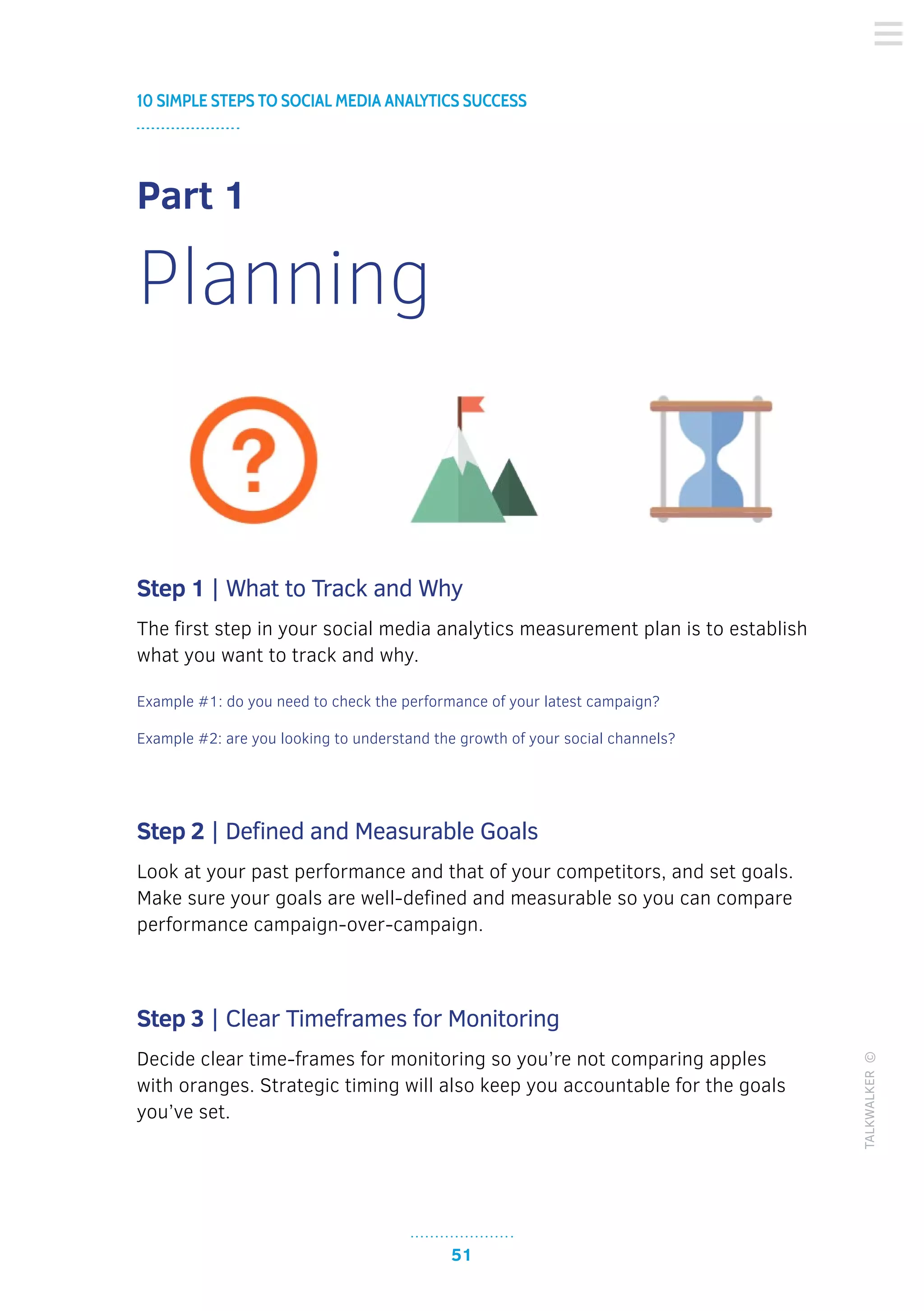 51
10 SIMPLE STEPS TO SOCIAL MEDIA ANALYTICS SUCCESS
TALKWALKER©
Part 1
Planning
Step 1 | What to Track and Why
The first step in your social media analytics measurement plan is to establish
what you want to track and why.
Example #1: do you need to check the performance of your latest campaign?
Example #2: are you looking to understand the growth of your social channels?
Step 2 | Defined and Measurable Goals
Look at your past performance and that of your competitors, and set goals.
Make sure your goals are well-defined and measurable so you can compare
performance campaign-over-campaign.
Step 3 | Clear Timeframes for Monitoring
Decide clear time-frames for monitoring so you’re not comparing apples
with oranges. Strategic timing will also keep you accountable for the goals
you’ve set.
 