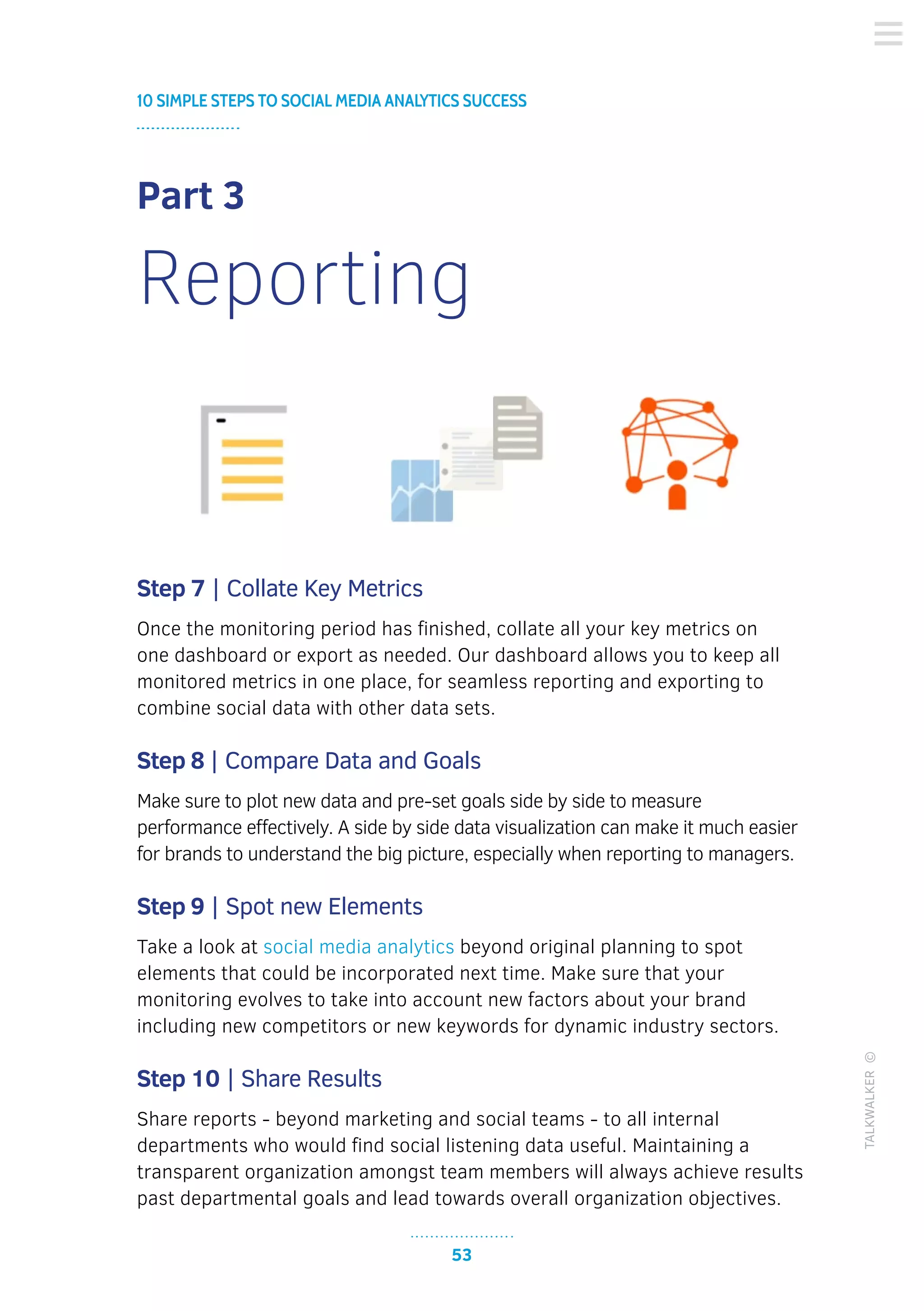 53
10 SIMPLE STEPS TO SOCIAL MEDIA ANALYTICS SUCCESS
TALKWALKER©
Part 3
Reporting
Step 7 | Collate Key Metrics
Once the monitoring period has finished, collate all your key metrics on
one dashboard or export as needed. Our dashboard allows you to keep all
monitored metrics in one place, for seamless reporting and exporting to
combine social data with other data sets.
Step 8 | Compare Data and Goals
Make sure to plot new data and pre-set goals side by side to measure
performance effectively. A side by side data visualization can make it much easier
for brands to understand the big picture, especially when reporting to managers.
Step 9 | Spot new Elements
Take a look at social media analytics beyond original planning to spot
elements that could be incorporated next time. Make sure that your
monitoring evolves to take into account new factors about your brand
including new competitors or new keywords for dynamic industry sectors.
Step 10 | Share Results
Share reports - beyond marketing and social teams - to all internal
departments who would find social listening data useful. Maintaining a
transparent organization amongst team members will always achieve results
past departmental goals and lead towards overall organization objectives.
 