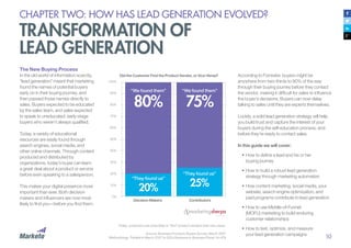 10
CHAPTER TWO: HOW HAS LEAD GENERATION EVOLVED?
TRANSFORMATION OF
LEAD GENERATION
The New Buying Process
In the old world of information scarcity,
“lead generation” meant that marketing
found the names of potential buyers
early on in their buying journey, and
then passed those names directly to
sales. Buyers expected to be educated
by the sales team, and sales expected
to speak to uneducated, early-stage
buyers who weren’t always qualified.
Today, a variety of educational
resources are easily found through
search engines, social media, and
other online channels. Through content
produced and distributed by
organizations, today’s buyer can learn
a great deal about a product or service
before even speaking to a salesperson.
This makes your digital presence more
important than ever. Both decision
makers and influencers are now most
likely to find you—before you find them.
100%
90%
80%
70%
60%
50%
40%
30%
20%
10%
0%
Today, customers are more likely to “find” product vendors than vice-versa.
Source: Business Products Buyers Survey, March 2007
Methodology: Fielded in March 2007 to SSI’s Business to Business Panel. N=478
“We found them”
80%
“They found us”
20%
“They found us”
25%
“We found them”
75%
Decision Makers
Did the Customer Find the Product Vendor, or Vice-Versa?
Contributors
According to Forrester, buyers might be
anywhere from two-thirds to 90% of the way
through their buying journey before they contact
the vendor, making it difficult for sales to influence
the buyer’s decisions. Buyers can now delay
talking to sales until they are experts themselves.
Luckily, a solid lead generation strategy will help
you build trust and capture the interest of your
buyers during the self-education process, and
before they’re ready to contact sales.
In this guide we will cover:
•	How to define a lead and his or her
buying journey
•	How to build a robust lead generation
strategy through marketing automation
•	How content marketing, social media, your
website, search engine optimization, and
paid programs contribute to lead generation
•	How to use Middle-of-Funnel
(MOFU) marketing to build enduring
customer relationships
•	How to test, optimize, and measure
your lead generation campaigns
 