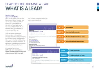 15
DAY 7
DAY 8
DAY 9
If stale, reminder
If stale, reminder cc boss
If stale, alert executives
DAY 0
DAY 1
DAY 2
DAY 3
Notification
If untouched, reminder
If untouched, reminder cc boss
If untouched, alert executives
CHAPTER THREE: DEFINING A LEAD
WHAT IS A LEAD?
Service Level
Agreements (SLAs)
Once you’ve agreed upon the lead
lifecycle and handoff process, how
can you ensure that sales follows
through on your hot leads? At
Marketo, we have implemented
Service Level Agreements (SLAs)
between sales and marketing to
ensure proper follow-up.
SLAs are written agreements
between sales and marketing,
ensuring closed loop lead processing
by indicating specific timeframes for
follow-ups. If a lead is not followed up
on within the indicated timeframe, an
alert is sent to a sales rep’s boss, and
ultimately to the executive team.
A critical element to note:
SLAs only work when sales is
heavily involved in the process and
champions the SLAs internally.
Take a look at an example of how we
have implemented SLAs:
Notifications and alerts ensure follow-up from sales on promising leads.
 