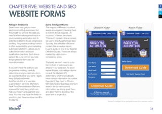 34
CHAPTER FIVE: WEBSITE AND SEO
WEBSITE FORMS
Filling in the Blanks
Short forms may get you more
(and more truthful) responses, but
they might not provide the data you
need to effectively segment leads in
your marketing automation tool. A
potential solution is to use progressive
profiling. Progressive profiling—which
is often supported by your marketing
automation platform—allows you to
collect information and build
qualification over time. Each time a
person fills out a form on your site,
the progressive form asks for
more information.
If you don’t have the ability to use
progressive profiling, carefully
determine what you need on a form,
as opposed to what you want—again,
keep it short and sweet.
Another solution is to use data
augmentation services, Marketo’s
Real-Time Personalization Platform,
powered by Insightera, which can
help you “clean” and augment your
data. You may only have five fields on
your form, but these services can fill in
the blanks.
Extra-Intelligent Forms
The majority of Marketo’s content
assets are ungated, meaning there
is no form fill-out required. On
occasion, however, we create
“Premium” content—this is content
we use to directly gather lead data.
Typically, this is Middle-of-Funnel
content, like an analyst report,
buyer’s guide, or one of our flagship
Definitive Guides. These are always
marked by a lock icon—
consistency is key.
That said, we don’t need to put a
form in front of visitors who are
already in our database. To avoid
repeat fill-outs, our intelligent forms
consult the Marketo API,
determining whether we already
have contact information for a visitor.
If we don’t, they need to fill out a
form before downloading a premium
asset; if we do have contact
information, we simply greet them,
and allow them to download the
asset with a single click.
Marketo’s intelligent forms distinguish known from unknown visitors.
 