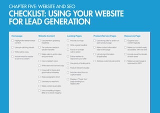 CHAPTER FIVE: WEBSITE AND SEO
CHECKLIST: USING YOUR WEBSITE
FOR LEAD GENERATION
Homepage
Highlight the latest/hottest
content
Use eye-catching visuals
Write catchy copy
Include ways for people
to opt-in to content
Website Content
Use attention-grabbing
headlines
Tie customer needs to
solution benefits
Make calls-to-action clear
and prominent
Use consistent voice
Write clear and concise copy
Copy edit for typos and
grammatical mistakes
Keep paragraphs short
Use easy-to-read font
Make content scannable
Use compelling imagery
(little or no stock imagery)
Landing Pages
Include your logo
Write a great headline
Focus on a single
call-to-action
Entice readers to
respond to your offer
Use plenty of bullet points
Feature relevant visual(s)
Include a short form to
capture leads
Display a “Thank You”
page pointing to a
related offer
Product/Service Pages
Use strong calls-to-action on
each product page
Make contact information
clear on the page
List pricing information
(if applicable)
Address customer pain points
Resources Page
Organize your
content logically
Make your content easily
accessible, with one click
Include visual thumbnails
of each asset
Make sure each page is
optimized for SEO
 