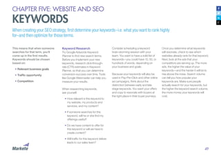 49
CHAPTER FIVE: WEBSITE AND SEO
KEYWORDS
This means that when someone
searches for that term, you’ll
come up in the first results.
Keywords should be chosen
based on:
•	Relevant business goals
•	Traffic opportunity
•	Competition
Keyword Research
Try Google Adwords Keyword
Planner to find new search terms.
Before you implement your new
keywords, research click-through-
rate (CTR) estimates in Keyword
Planner, so that you can determine
conversion success over time. Tools
like Google Webmaster can help you
measure your results.
When researching keywords,
ask yourself:
•	How relevant is this keyword to
my website, my products and
services, and my content?
•	If someone searches for this
keyword, will he or she find my
offerings useful?
•	Do we have content to offer for
this keyword or will we have to
create content?
•	Will traffic for this keyword deliver
leads to our sales team?
When creating your SEO strategy, first determine your keywords–i.e. what you want to rank highly
for–and then optimize for those terms.
Consider scheduling a keyword
brain-storming session with your
team. You want to have a solid list of
keywords—you could have 10, 50, or
hundreds of words, depending on
your business and goals.
Because your keywords will also be
used in Pay-Per-Click and other online
ad campaigns, think about the
distinction between early and late
stage keywords. You want your offers
and copy to resonate with buyers at
the right place in their buyer journeys.
Once you determine what keywords
will resonate, check to see which
websites already rank for that keyword.
Next, look at the ads that your
competitors are serving up. The more
ads, the higher the value of your
keywords—and the harder it will be to
rise above the noise. Search volume
can tell you how popular your
keywords are. Make sure people
actually search for your keywords, but
the higher the keyword search volume,
the more money your keywords will
cost.
 