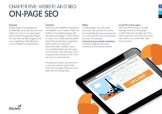 CHAPTER FIVE: WEBSITE AND SEO
ON-PAGE SEO
Content
Make sure your content is educational
and relevant to your readers. Keyword
stuffing (or overloading a page with
keywords specifically to improve SEO)
is a big no-no, and Google has gotten
wise to the practice. Moz suggests a
test to ensure your keyword
placement reads naturally: have a
non-marketing friend read the page,
and then ask if he or she thinks a term
is suspiciously prominent. If he or she
says yes, you should revise.
In blog posts, a good rule of thumb is
to use your keyword two or three
times per short post, or between four
and six times for long ones.
URLs
The structure of your URL is still
important. URLs should be concise,
but should also include your keywords.
Your URLs should mimic the site page
structure—for example,
marketo.com/content-marketing
is clearly a page about content
marketing on the Marketo website.
Load Time Averages
Slow load times hurt your Google
rankings, even if you have great
content. Why does Google care? They
want to give their users easy-to-access
information—not content that takes
forever to load.
Images
Using images on your page can
actually help you in rankings, because
traffic can come from image-based
search engines like Google Images.
For high rankings, Moz suggests that
your images have a title, filename,
surrounding text, and alt attribute.
Title: My Paris Trip
Filename: My_Paris_Trip_1.jpg
 