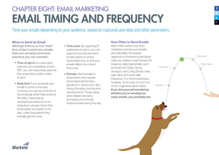 CHAPTER EIGHT: EMAIL MARKETING
EMAIL TIMING AND FREQUENCY
Time your emails depending on your audience, based on captured user data and other parameters.
When to Send an Email
Although there is no true “best”
time of day to send your emails,
there are certainly some best
practices you can consider:
•	Time of opt-in: If a subscriber
opts into your newsletter at 2pm
PST, you can reasonably assume
that subscriber is often online
at 2pm.
•	Early bird: If you schedule your
emails to arrive in the early
morning, you can be at the top of
the email pile when folks arrive at
the office. Note that as
smartphones become more
ubiquitous, people check their
email earlier and earlier in the
day—often long before they
actually get into work.
•	Time zone: By capturing IP
addresses at opt-in, you can
segment your list and send
emails based on where
subscribers live, so that your
emails reflect the correct
time zone.
•	Domain: Send emails to
subscribers who register
personal email domains
(gmail.com, yahoo.com, etc.)
during the early morning and
evening hours. Those using
work-related domains
(company.com) should
receive emails during the day.
How Often to Send Emails
We’re often asked how often
marketers should send emails,
and ultimately, the answer
depends on the level of perceived
value you deliver in each email. For
instance, daily deal emails, such
as those from Daily Candy,
Groupon, and Living Social, have
high value and merit daily
frequency. For most businesses,
however, once a day is much too
much. A general rule to follow:
If you find yourself wondering
whether you’re sending too
many emails, you probably are.
Early bird
Time of opt-in
Time zone
Domain
 