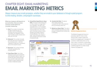 93
CHAPTER EIGHT: EMAIL MARKETING
EMAIL MARKETING METRICS
What you measure will depend on
your priorities. Here are seven
common email metrics to
consider measuring:
1.	 Sent: The number of emails that
actually moved through your
sending mail server/marketing
automation tool. Marketo counts
“sent” emails as valid contacts who
were sent an email.
2.	 Delivered: The number of emails
that were sent and not rejected by
the receiving server—note that
“delivered” emails don’t necessarily
land in the recipient’s inbox.
3.	 Bounced: The number of emails
that were rejected by the
receiving server.
4.	 Open/Open Rate: How many
recipients opened and viewed the
email. Marketo defines “opens” as
emails that were opened at least
once, and the “open rate” as the
number of opens divided by the
number of delivered emails.
Marketo Engagement Score
The Marketo Engagement Score is a
proprietary algorithm that our Data
Science Team created to determine
exactly how engaging each message is. It
combines multiple data points such as
clicks, opens, conversions, unsubscribes,
and program successes, and then applies
a statistical algorithm to create a single
measure of engagement.
5.	 Clicks/Click Rate/Click-to-Open
Rate: The rate at which leads click
on a link, button, or image within
your message. The rate is only
calculated once—so if a recipient
clicks numerous times, the click is
only recorded once. The “click
rate” is the total number of clicks
divided by the total number of
emails delivered. The “click-to-
open” rate is the total number of
clicks divided by the total number
of opened emails.
Always measure your email campaigns, whether they are emails to your database or through a paid program,
to drive testing, iteration, and program successes.
Marketo Engagement Score
6.	 Unsubscribe Rate: The rate at
which leads clicked the
“unsubscribe” link in the email and
then successfully opted-out.
7.	 Marked-as-Spam Rate: The rate at
which recipients reported your email
as spam, divided by the number sent
or delivered.
 