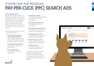 CHAPTER NINE: PAID PROGRAMS
PAY-PER-CLICK (PPC) SEARCH ADS
Google Quality Score
According to Google, your PPC ad’s
Google Quality Score is “an estimate of
how relevant your ads, keywords, and
landing pages are to a person seeing
your ad”. If you have a high Quality
Score, Google thinks your ad and
landing page is relevant to searchers—
so you will rank higher for the same bid
amount!
Google tabulates Quality Score based
on the following criteria:
•	Your keyword’s expected
click-through rate (CTR):
This is calculated based on past
CTRs and how the keyword has
historically performed in your ad.
•	Your display URL’s past CTR:
How often your display URL
received clicks.
•	Your account history:
Your overall CTR on all ads
and keywords.
•	Landing page quality:
The relevancy of your landing page
and how easy it is to view
and navigate.
•	Your keyword/ad relevance:
How relevant your ad is to
your keyword.
•	Your keyword/search relevance:
How relevant your keyword is to
what the customer searches for.
•	Geographic performance:
How successful you have been in
the regions you are targeting.
•	Ad performance on a site:
How your ads are performing on
Google and other partner sites.
•	Targeted devices:
How well your ads perform on
mobile and tablet devices.
Your Quality Score affects your ad
position, your eligibility for ad
extensions and other formats, and
your actual cost-per-click (CPC). In
other words, a high Quality Score is a
big deal.
 