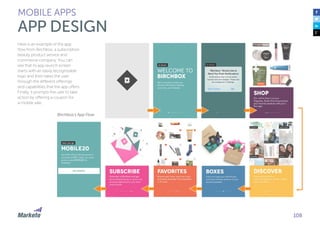 108
Here is an example of the app
flow from Birchbox, a subscription
beauty product service and
commerce company. You can
see that its app launch screen
starts with an easily recognizable
logo and then takes the user
through the different offerings
and capabilities that the app offers.
Finally, it prompts the user to take
action by offering a coupon for
a mobile sale.
MOBILE APPS
APP DESIGN
Birchbox’s App Flow
 