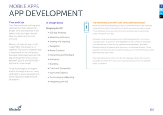 116
THE IMPORTANCE OF APP STORE DEVELOPER RESOURCES
Before you start work designing your app, it’s important that you get developer
credentials from each of the platforms in which you want your app to reside.
These developer accounts are a critical and necessary step to successfully
create and publish your app.
Developer credentials provide access to important guidelines, community-
sourced answers to questions, and the platforms’ help centers for developers.
Each platform has its own set of guidelines and requirements, and offers
developers plenty of guidance and resources in its developer libraries. These
guidelines and resources are constantly evolving,so it is important that you utilize
these tools and stay current.
Here is an example of a menu from the iOS Developer Library. Each section
has pages of content with instruction, ensuring that you are on the right path
to app acceptance.
MOBILE APPS
APP DEVELOPMENT
!
Time and Cost
Your final wireframe will help your
development team assess the
length, time, and expertise it will
take to build your app—this will
help you determine the time
and cost.
How much does an app cost to
create? Well, the answer is—it
depends. The cost to create an app
is dependent on the complexity.
Business News Daily reported that
app development costs can run
between $5,000 and $250,000—
and that’s a huge range.
To be more helpful, the higher
end of this range is almost solely
dedicated to game development,
which requires a large amount
of graphics.
UI Design Basics
Designing for IOS
•	 IOS App Anatomy
•	 Adaptivity and Layout
•	 Starting and Stopping
•	 Navigation
•	 Modal Contexts
•	 Interactivity and Feedback
•	 Animation
•	 Branding
•	 Color and Typography
•	 Icons and Graphics
•	 Terminology and Wording
•	 Integrating with IOS
 