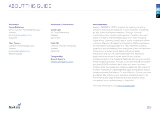 ABOUT THIS GUIDE
Written By:
Dayna Rothman
Senior Content Marketing Manager
Marketo
drothman@marketo.com
@dayroth
Ellen Gomes
Content Marketing Specialist
Marketo
egomes@marketo.com
@egomes1019
Additional Contributors:
David Cain
VP Global Marketing
Marketo
@jonmiller
Matt Zilli
Director, Product Marketing
Marketo
@MattZilli
Designed By:
Scorch Agency
info@scorchagency.com
About Marketo:
Marketo (NASDAQ: MKTO) provides the leading marketing
software and solutions designed to help marketers master the
art and science of digital marketing. Through a unique
combination of innovation and expertise, Marketo is focused
solely on helping marketers keep pace in an ever-changing
digital world. Spanning today’s digital, social, mobile and offline
channels, Marketo’s Engagement Marketing Platform powers a
set of breakthrough applications to help marketers tackle all
aspects of digital marketing from the planning and orchestration
of marketing activities to the delivery of personalized
interactions that can be optimized in real-time. Marketo’s
applications are known for their ease-of-use, and are
complemented by the Marketing Nation®, a thriving network of
400 third-party solutions through our LaunchPoint® ecosystem
and over 50,000 marketers who share and learn from each
other to grow their collective marketing expertise. The result for
modern marketers is unprecedented agility and superior results.
Headquartered in San Mateo, CA with offices in Europe, Australia
and Japan, Marketo serves as a strategic marketing partner to
more than 3,400 large enterprises and fast-growing small
companies across a wide variety of industries.
For more information, visit www.marketo.com.
155
 