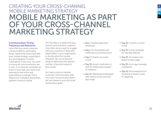 33
Communication Timing:
Frequency and Relevance
How often you send customers
communications, particularly
email, needs to be reconciled with
your mobile strategy—especially if
you are engaging in mobile
notifications of any kind. You want
to ensure all communications are
in sync. If a customer completes an
action in your app, you want to be
listening to that action and
responding accordingly. This is
where your marketing automation
platform comes in handy.
The first step is to determine your
overall communication cadence.
How often do you want to engage
with your customers? Meet with
stakeholders in your organization
to decide what this number
should be. Be sure to test and
iterate to determine the optimal
number of touches based on
your results.
Let’s take a look at a sample
customer communication plan.
Your own communication plans
will vary based on your personas,
and business goals.
CREATING YOUR CROSS-CHANNEL
MOBILE MARKETING STRATEGY
MOBILE MARKETING AS PART
OF YOUR CROSS-CHANNEL
MARKETING STRATEGY
•	 Day 1: Mobile application
download
•	 Day 1: An immediate push
notification to prompt action
•	 Day 1: A thank-you email
is sent
•	 Day 10: A push notification is
sent to mobile device based
on behavior
•	 Day 15: Website personalization
offer based on persona and
app usage
•	 Day 30: A check-in email
is sent
•	 Day 35: Social campaign
on new app features
•	 Day 45: An email is sent
based on app usage
•	 Day 55: An in-app message
is delivered
•	 Day 65: Personalized ad on
Facebook is shown using
re-targeting
 