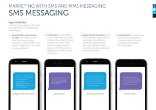 Types of SMS Text
There are various types of SMS texts
you might want to include in your
marketing mix:
•	 Special offers, promotions,
or sales: Share specials with
your subscribers that are
exclusive to SMS and MMS. This
will encourage your subscribers
to stay subscribed.
•	 Order alerts: By using SMS,
you can alert your customers
to where their order is in your
processing. Send an alert
when an order has been
placed, when the order has
shipped, and when an order
has arrived.
•	 Appointment reminders: Send
your subscribers appointment
reminders right after they
schedule an appointment
and a few days prior. Flight
reminders are also an example
of this type of alert.
•	 Contest alerts: You want your
subscribers to feel special.
Consider creating contests
specifically for your SMS
alert subscribers.
BELLAGIO: Enjoy exclusive
rates on accommodations
& two buffets when
you stay by 6/4!
http://bit.ly/1i2DvVD. or
866.286.3821 and mention
code: BBPSMSM14
You have an appointment
with Main Street Hospital
on Fr Dec 16, 2011 at 12:30
pm. Reply CONFIRM to
confirm. Questions? Please
call(222) 555-1234.
Bellagio SMS Promotion Appointment Alerts
Your order (#1777) is now
processing. Visit http://
www.woothemes.com.
for more info.
Congratulations! You are
now entered into our raffle
for 2 tickets to the upcoming
concert! Winners will be
announced via SMS!
Order Alerts Contest Alert
MARKETING WITH SMS AND MMS MESSAGING
SMS MESSAGING
 