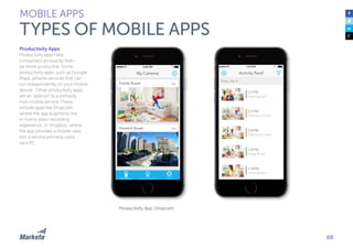 88
Productivity Apps
Productivity apps help
consumers do exactly that—
be more productive. Some
productivity apps, such as Google
Maps, provide services that can
run independently on your mobile
device. Other productivity apps
are an “add-on” to a primarily
non-mobile service. These
include apps like Dropcam,
where the app augments the
in-home video recording
experience, or Dropbox, where
the app provides a mobile view
into a service primarily used
via a PC.
Productivity App: Dropcam
MOBILE APPS
TYPES OF MOBILE APPS
 
