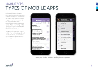 Another example is Marketo’s
event app for our Marketing Nation
Summit. This app was created with
the goal of both retaining a user’s
engagement—in this case using
the engagement to offer
promotions to events and booths
instead of paid advertising—and as
a productivity app—extending the
capabilities of the event.
The app offers attendees a place
to store their individual agenda and
activities for them to accomplish
within the app and in person to
drive engagement.
96
Mixed-Use Case App: Marketo’s Marketing Nation Summit App
MOBILE APPS
TYPES OF MOBILE APPS
 