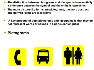 The distinction between pictograms and ideograms is essentially a difference between the symbol and the entity it represents The more picture-like forms are pictograms, the more abstract and derived forms are ideograms A key property of both pictograms and ideograms is that they do not represent words or sounds in a particular language Pictograms   