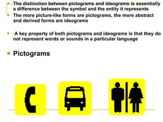 The distinction between pictograms and ideograms is essentially a difference between the symbol and the entity it represents The more picture-like forms are pictograms, the more abstract and derived forms are ideograms A key property of both pictograms and ideograms is that they do not represent words or sounds in a particular language Pictograms   