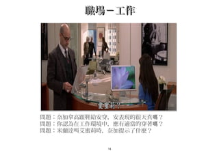 14
職場－工作職場－工作
問題：奈加拿高跟鞋給安穿，安表現的很天真 ？嗎
問題：你認為在工作環境中，應有適當的穿著 ？嗎
問題：米蘭逹叫艾蜜莉時，奈加提示了什麼？　　
 