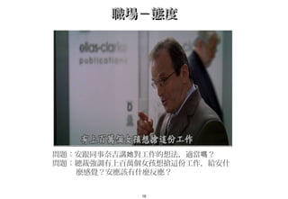 16
職場－態度職場－態度
問題：安跟同事奈吉講 對工作的想法，適當 ？她 嗎
問題：總裁強調有上百萬個女孩想搶這份工作，給安什
麼感覺？安應該有什麼反應？　
 
