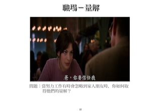 22
職場－量解職場－量解
問題：當努力工作有時會忽略到家人朋友時，你如何取
得他們的量解？
 