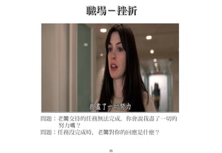 25
職場－挫折職場－挫折
問題：老 交待的任務無法完成，你會說我盡了一切的闆
努力 ？嗎
問題：任務沒完成時，老 對你的回應是什麼？闆
 