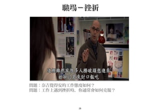 28
職場－挫折職場－挫折
問題：奈吉覺得安的工作態度如何？
問題：工作上遇到挫折時，你通常會如何克服？
 